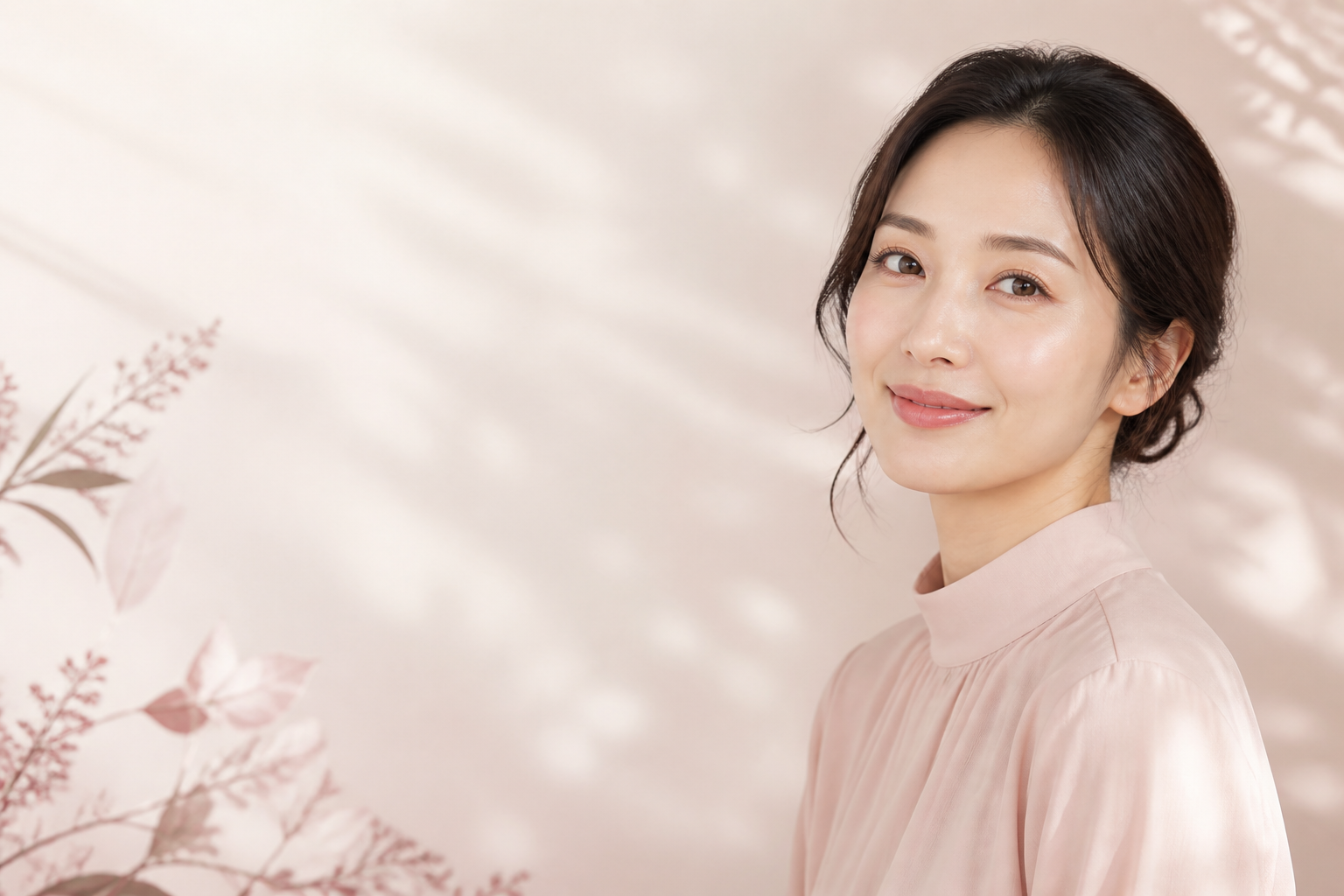 自然な唇の色と植物をイメージした女性のポートレート